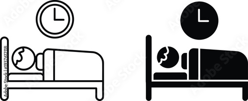 Sleep Time Icon Set Vector Illustration of Person Sleeping in Bed with Clock Isolated on White Background Design