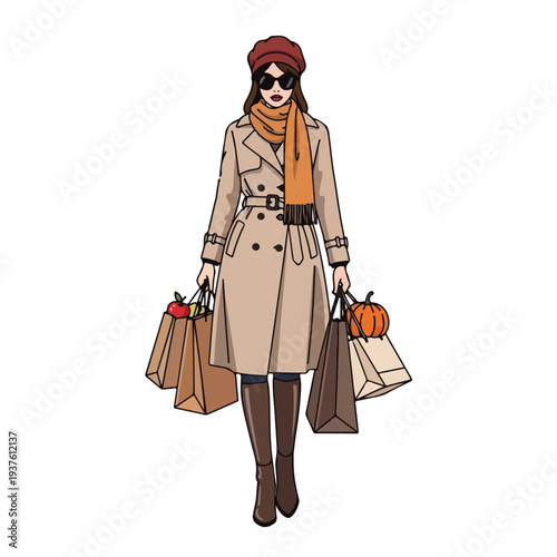 A woman in a beige trench coat and orange scarf holding shopping bags with autumn produce on a white background.
