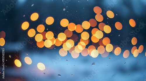 A blurry view of orange lights through a rainy window at night
