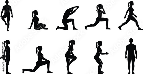 Fitness Exercise Silhouette Set Vector Collection of Men and Women Stretching Lunging Squatting and Walking Isolated on White Background