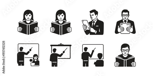 Set of eight black and white icons of people studying, reading, and teaching