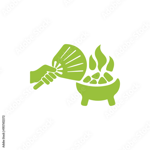 Minimalist Green Icon Of A Hand Fanning A Fire In A Hibachi Grill