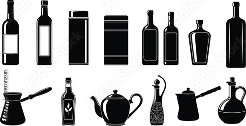 Black Silhouette Bottle and Teapot Set Vector Collection of Oil Vinegar Wine Coffee Containers Isolated on White Background for Packaging Design