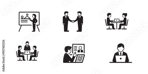 Business meeting and corporate interaction icons, people collaborating and working together