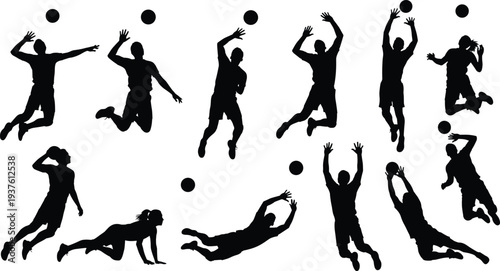 Volleyball player silhouettes set featuring jumping, diving and spiking action poses vector collection isolated on white background for sports design