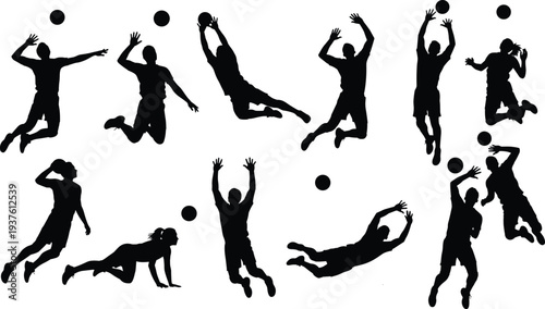 Silhouette sequence of volleyball players in dynamic poses, black vector illustration showing spike, serve, block, dive, sports training, athletic motion concept