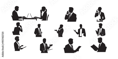 Business people silhouettes vector set, various poses and actions, men and women
