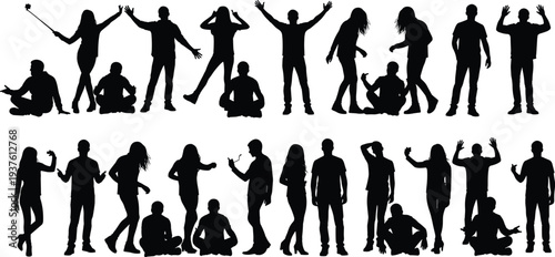 People silhouettes collection featuring standing, sitting and celebrating poses, men and women vector set isolated on white background
