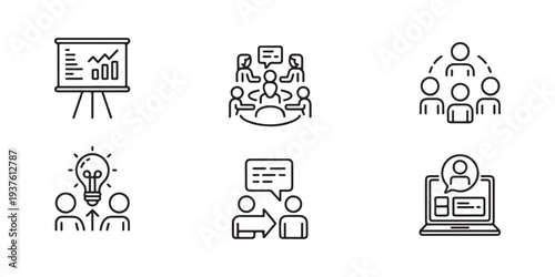 Business meeting and idea generation line icons set, presentation, discussion, training