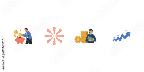 Financial success concept piggy bank coins man and growth chart rising percentages