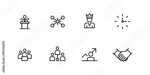 Business meeting icons presentation leader team handshake time clock and networking