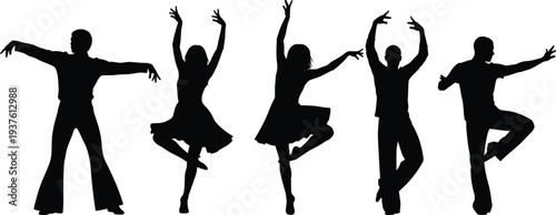 Silhouette sequence of dancers in expressive poses, black vector illustration showing movement, ballet, contemporary dance, artistic performance, posture, choreography concept