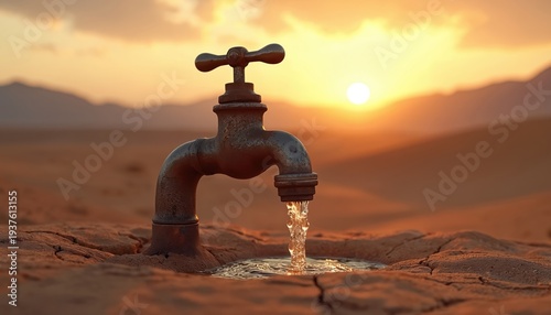 Rusty faucet trickles water onto cracked desert earth at golden sunset. Arid landscape, dry ground, parched environment. Scarcity and thirst concept with vital resource.