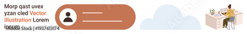 Digital identity, remote work, user interface, online profiles, office setups, cloud technology. Circular user profile icon, a cloud shape and a remote worker at a desk. Digital identity and remote
