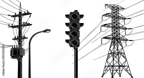 Electric power infrastructure silhouettes, utility pole transformer traffic light and high voltage transmission tower vector illustration set
