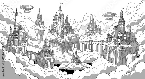 Fantasy cityscape illustration castles and airships in a cloud filled realm