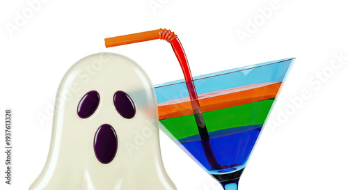 Ghost with layered Halloween cocktail and straw