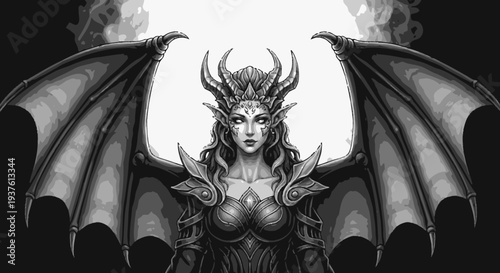Fantasy demoness with horns and wings in a detailed digital illustration