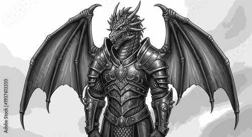 Fantasy dragon in armor illustration black and white vector art