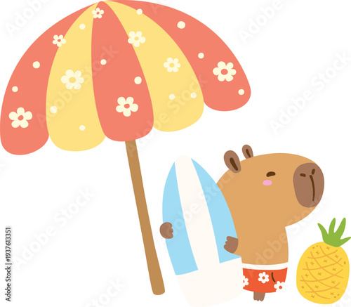 Kawaii capybara holding surfboard summer holiday beach