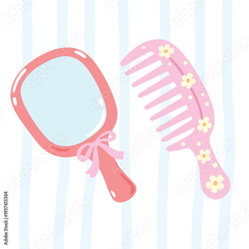 Pink Floral Comb And Pink Hand Mirror with Bow Illustration