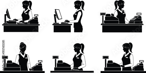 Female, cashier, working, at, supermarket, checkout, counter, retail, employee, operating, cash, register, store, payment, service, shopping, silhouette, vector, collection, set