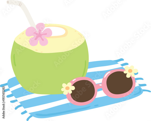 Coconut Drink with Sunglasses Summer holiday beach