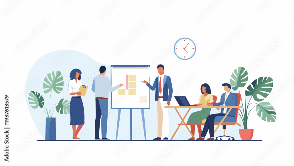 Fototapeta premium Team collaborating in modern office with presentation board