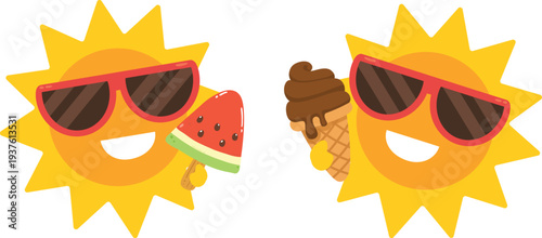 Cartoon Happy Sun Wearing Sunglasses With Ice Cream on Summer