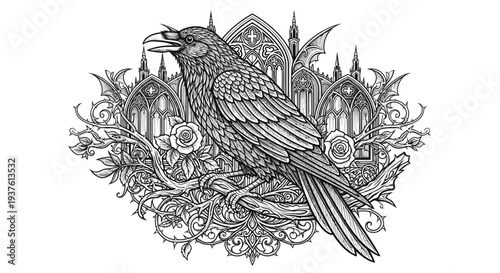 Intricate black and white raven perched on branch with gothic architecture
