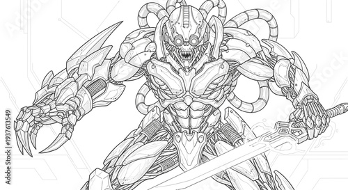 Intricate cybernetic warrior with energy sword in action pose illustration