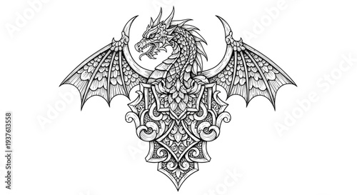 Intricate dragon illustration with detailed wings and decorative elements