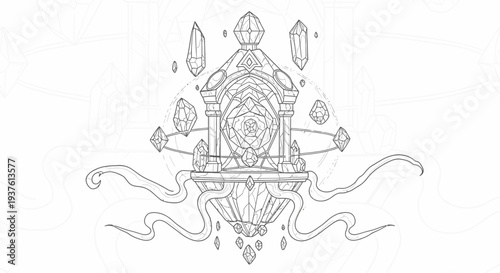 Intricate geometric illustration featuring crystals and ornate structures