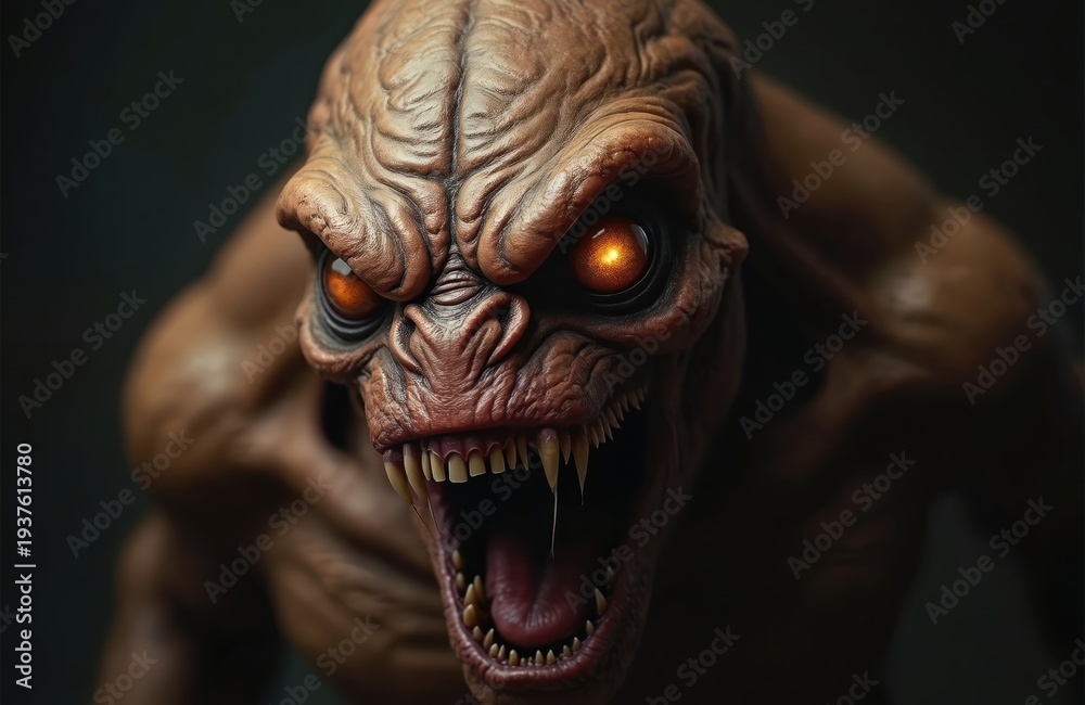Obraz premium Close up of a frightening, one-eyed monster with wrinkled skin and sharp teeth open mouth roaring. Glowing orange eyes stare intensely from a shadowed, textured face. Fierce creature with brown skin.