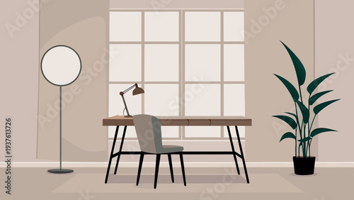 Modern home office with desk and chair by large window