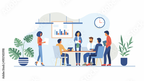 Business team collaborating in modern office space with presentation