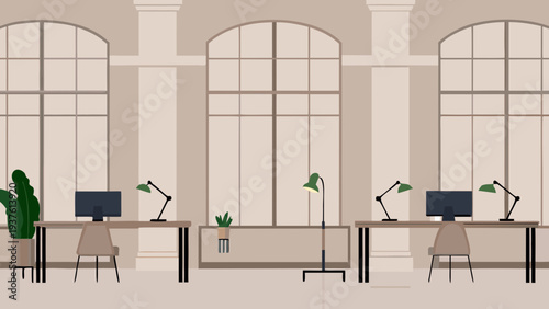 Modern office workspace with computers and plants