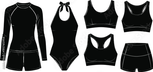 Women swimwear and sportswear silhouettes, bikini, one piece swimsuit, rash guard, sports bra set, black fashion apparel vector collection