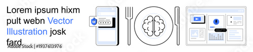 Cybersecurity, data analysis, mental health, brain function, cognitive science, app security. Smartphone with login screen, brain between utensils and a dashboard. Cybersecurity and cognitive