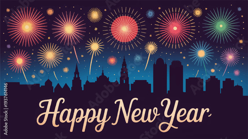 Happy new year celebration with fireworks over city skyline at night