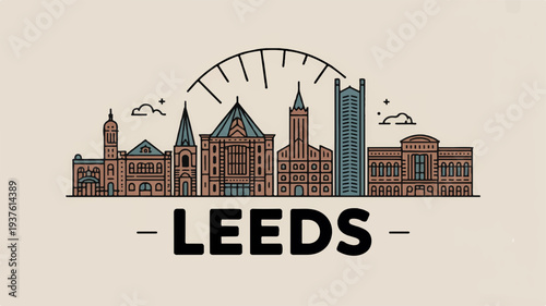 Vibrant leeds cityscape illustration with modern and historic buildings clock face and sunny atmosphere