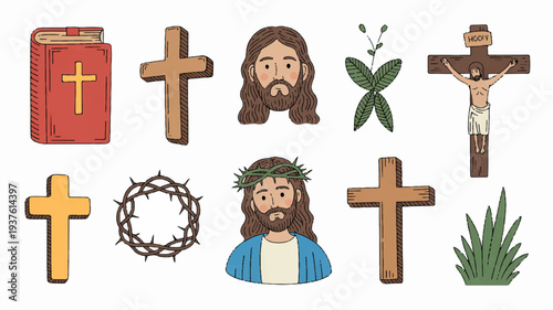 Christianity symbols and jesus christ illustrations holy objects crucifix bible crown of thorns