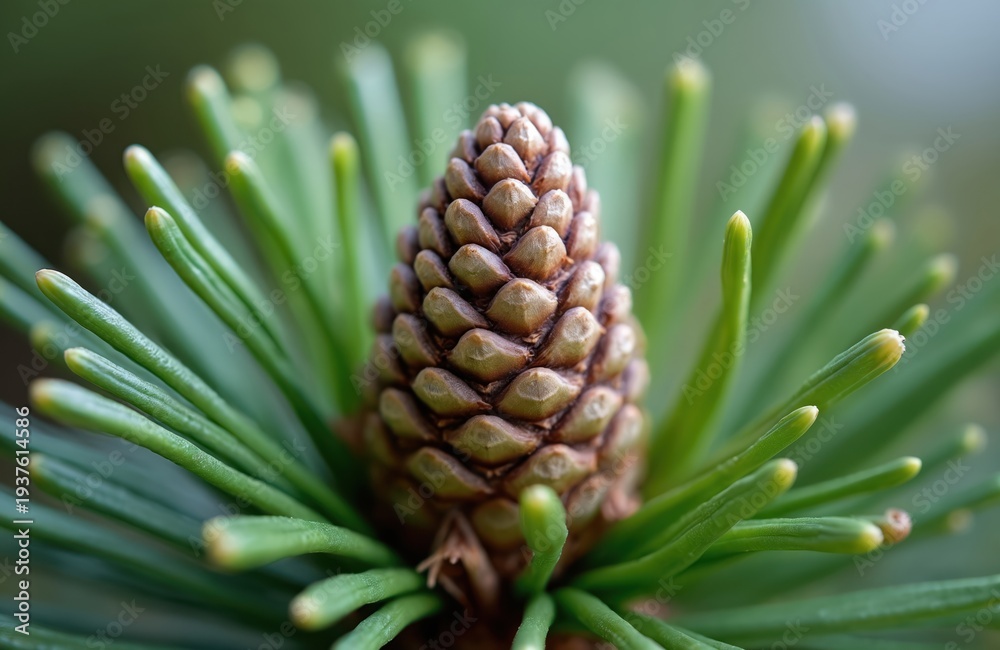 Fototapeta premium Young pine cone grows on evergreen branch. Small woody fruit on green pine needles shows nature beginning. New life emerges in spring forest.
