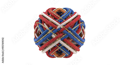 Intricate Woven Ball with Red, White, and Blue Threads and Gold Accents