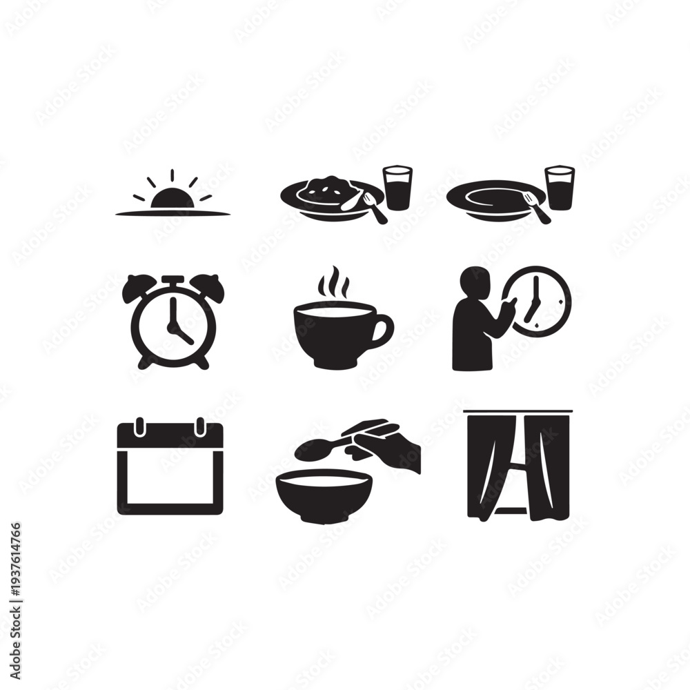 Obraz premium Daily Routine Icon Set Morning Schedule And Meal Time Pictograms
