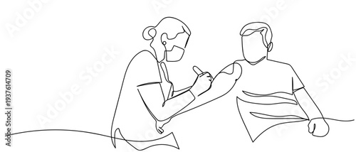 A female tattoo artist is tattooing in continuous line art drawing style. minimalist black linear sketch isolated on transparent background Editable stroke.