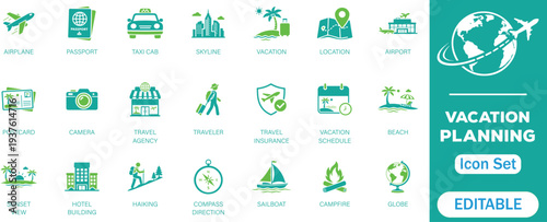 Vacation Planning and Travel icon set. Contains symbols for Air plane, Passport, Location, Travel, Beach, Hotel Building, and Vacation Schedule. Perfect solid vector icons collection. 