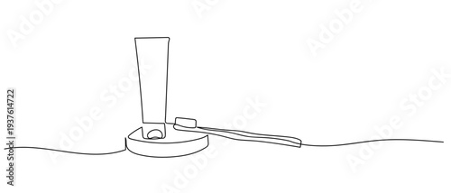 Toothpaste tube and toothbrush in continuous line art drawing style. minimalist black linear sketch isolated on transparent background Editable stroke.