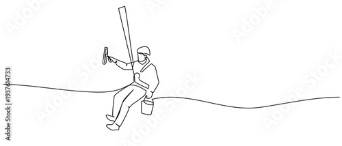 Window cleaner on a high-rise building in continuous line art drawing style. minimalist black linear sketch isolated on transparent background Editable stroke.