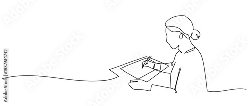 The person is using a pen tablet in continuous line art drawing style. minimalist black linear sketch isolated on transparent background Editable stroke.